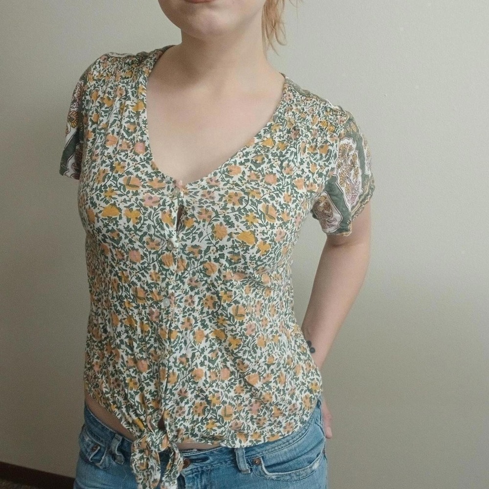Green Yellow Floral Front Tie Button Blouse Top S M